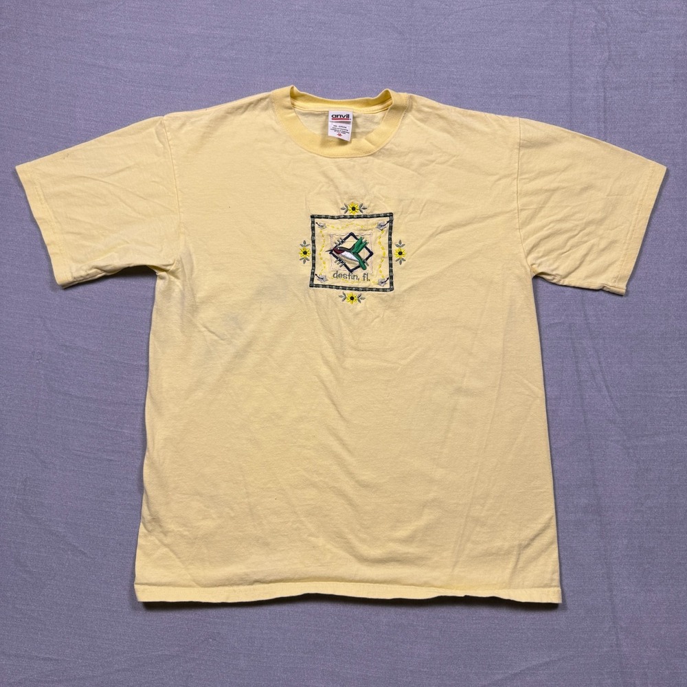 Anvil Vintage Embroidered Destin Florida Graphic T-Shirt Womens Size M Yellow